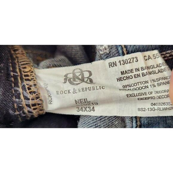 Rock and Republic Mens Neil 34x34 Relaxed Straight Mid Rise Blue Jeans Denim - Picture 11 of 11